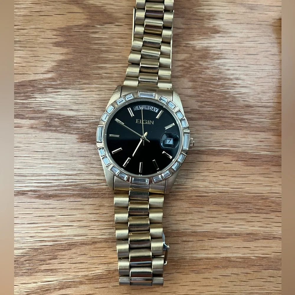 Elgin Gold Tone FG147N Wrist Watch Men Crystal Date - Picture 4 of 6